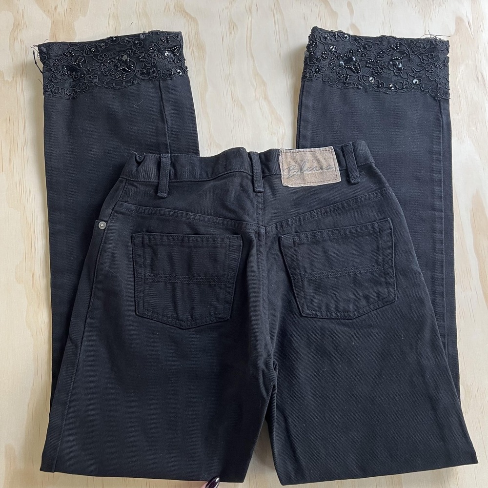 Express Bleus Bootcut Jeans Womens 3/4 Black Denim Lace Beaded Sequin Hem